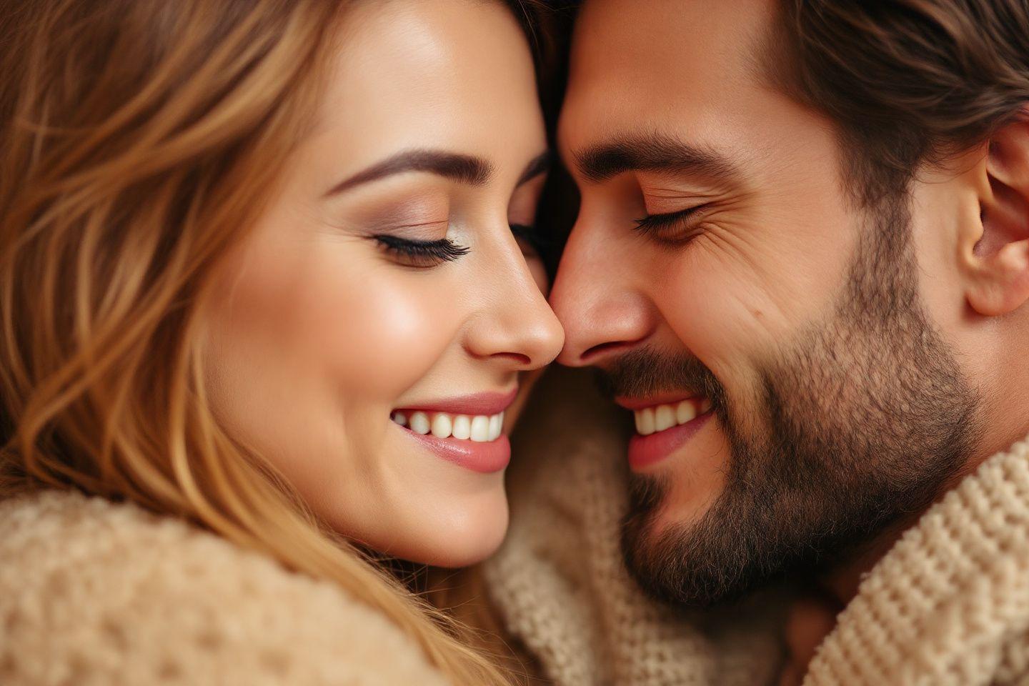 Couple souriant et enlac&eacute;, exprimant leur affection et leur complicit&eacute;