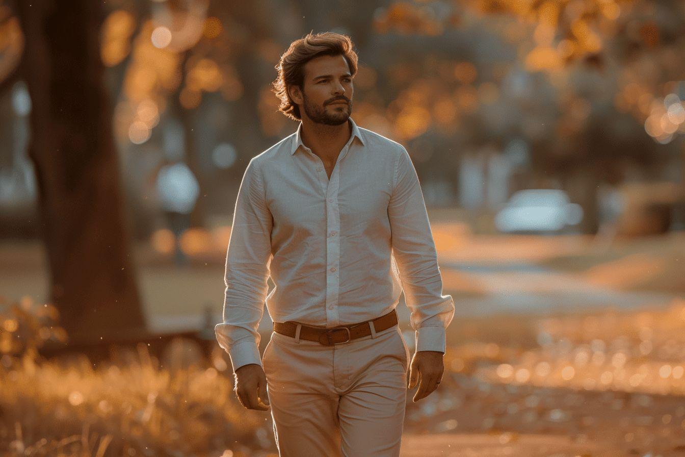 Homme marchant dans un parc d'automne au coucher de soleil