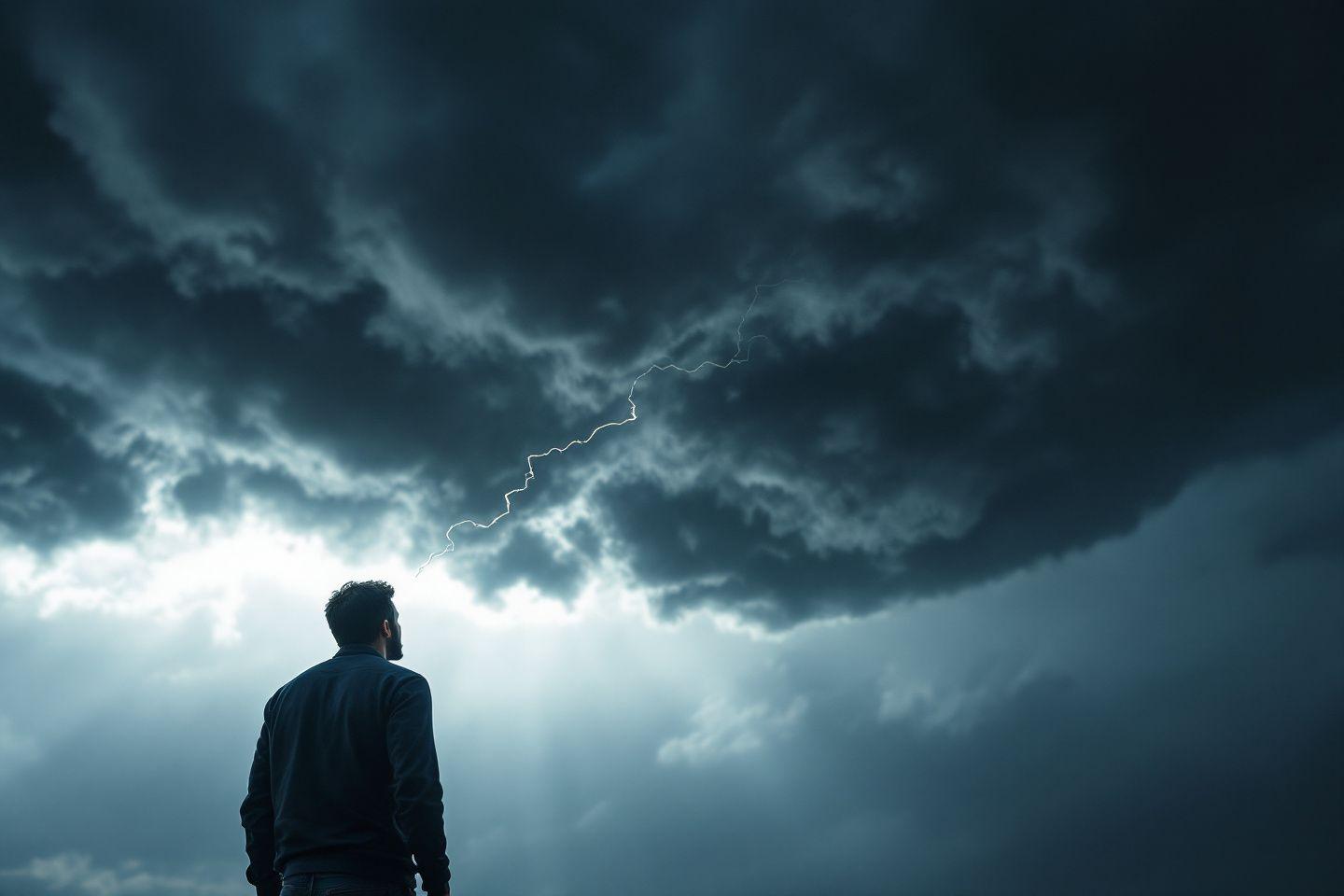 Un homme seul observe un ciel orageux avec des éclairs menaçants