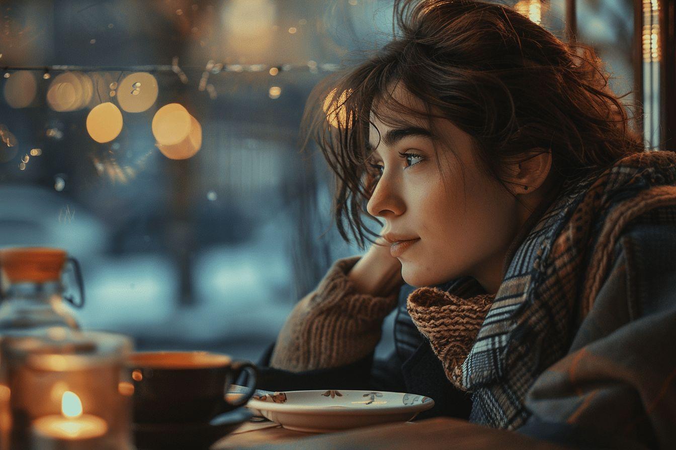 Une femme pensive regarde à travers la fenêtre d'un café