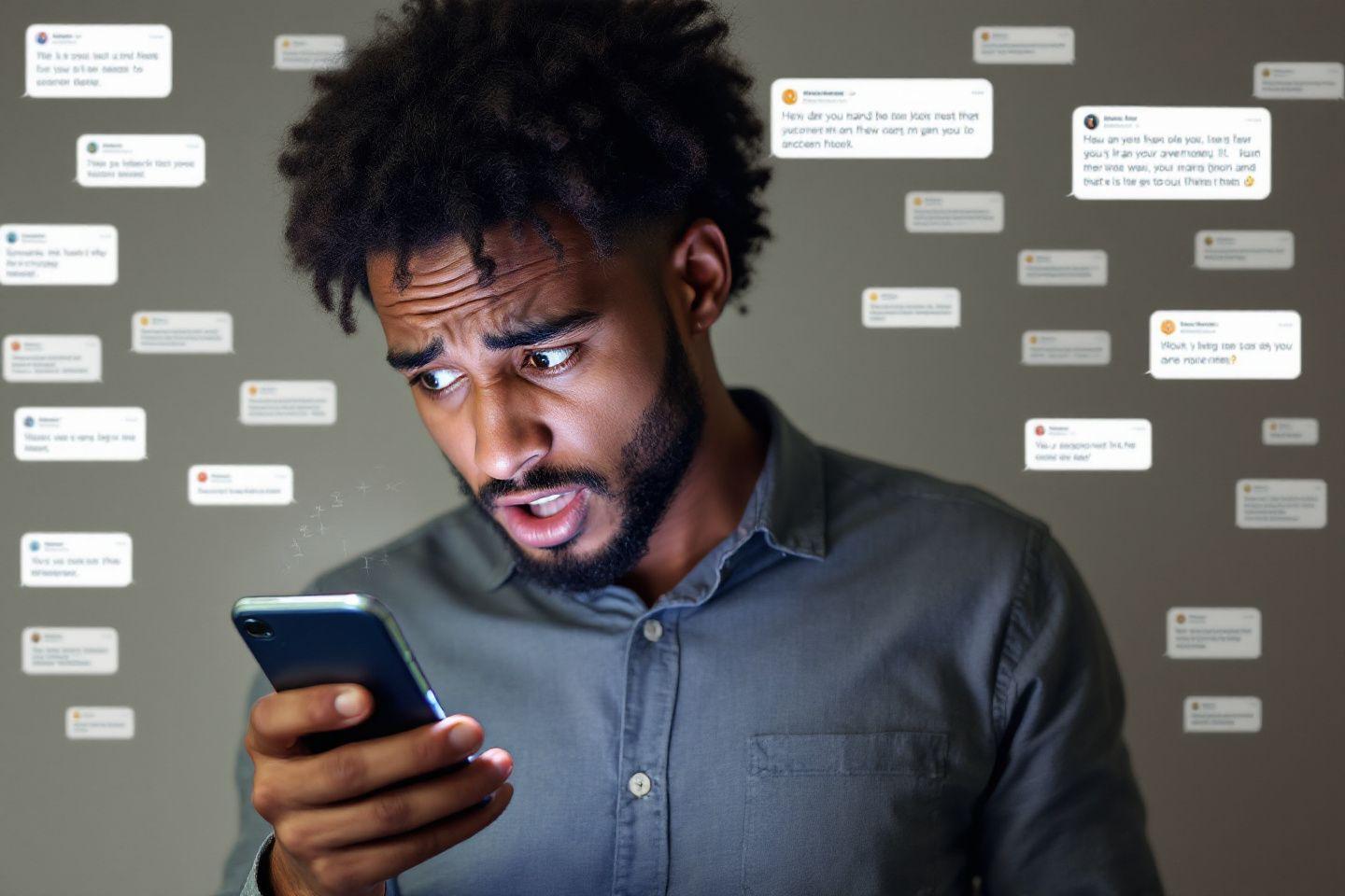 Homme afro-am&eacute;ricain stress&eacute; regardant son t&eacute;l&eacute;phone portable