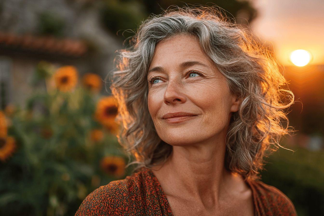 Femme âgée souriante dans un champ de tournesols