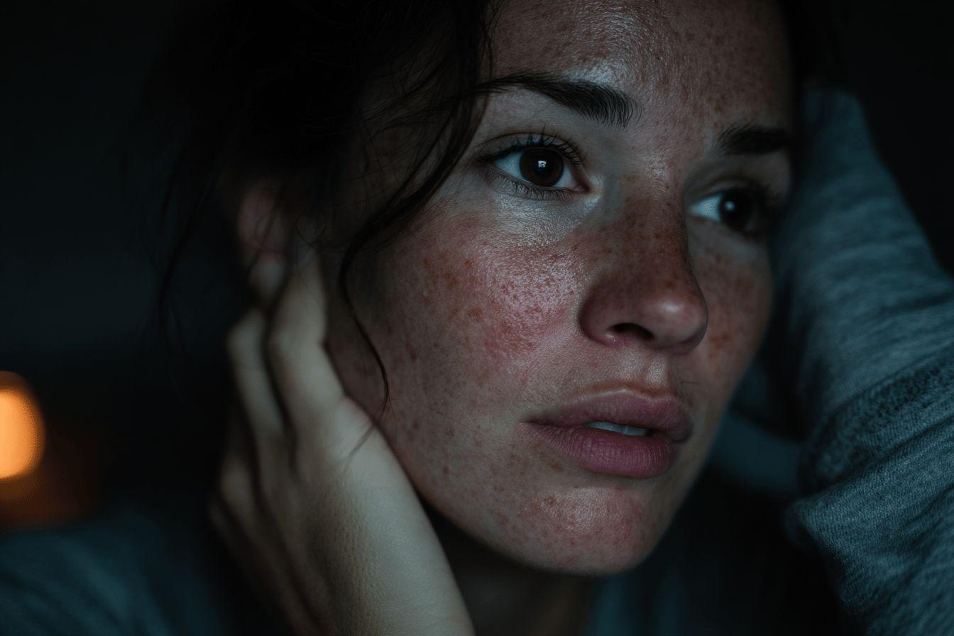 Visage de femme mélancolique avec des taches de rousseur