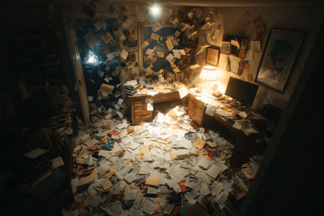 Espace de travail jonché de documents, illuminé par une lampe