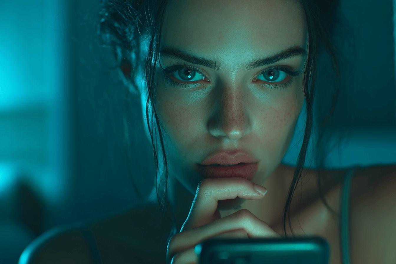 Portrait dramatique d'un visage féminin avec éclairage cyan