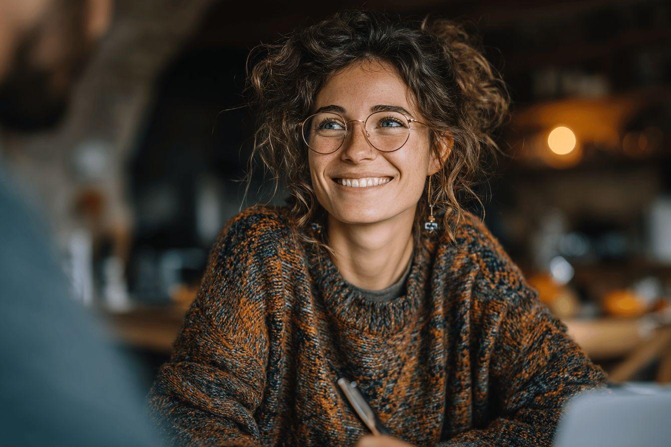 Jeune femme à lunettes, souriante, dans un pull texturé