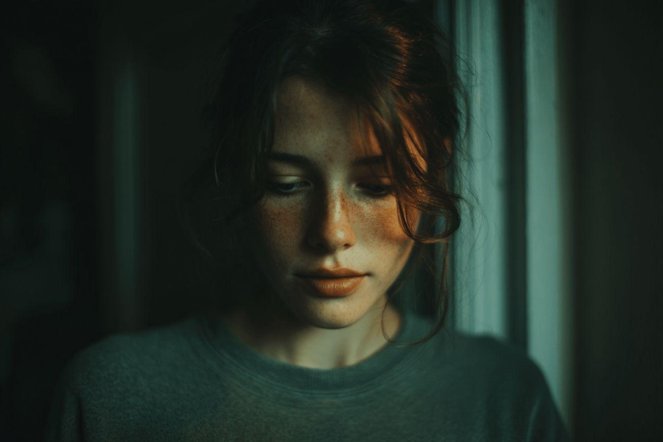 Portrait de femme pensive, visage détourné, lumière vert émeraude