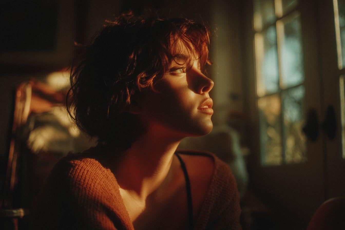 Femme aux cheveux bouclés, regard pensif près d'une fenêtre