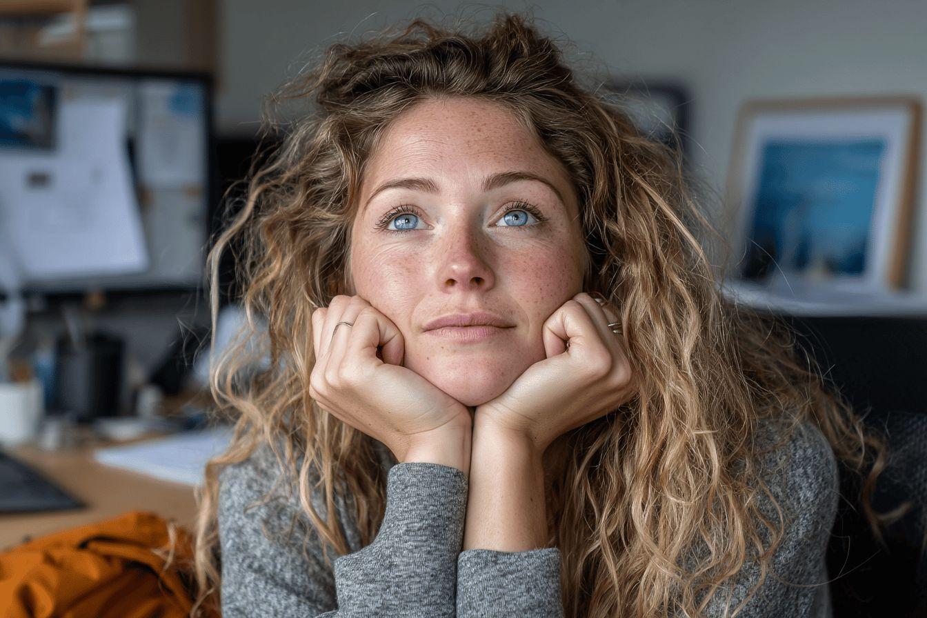Jeune femme aux cheveux bouclés, l'air pensif, accoudée
