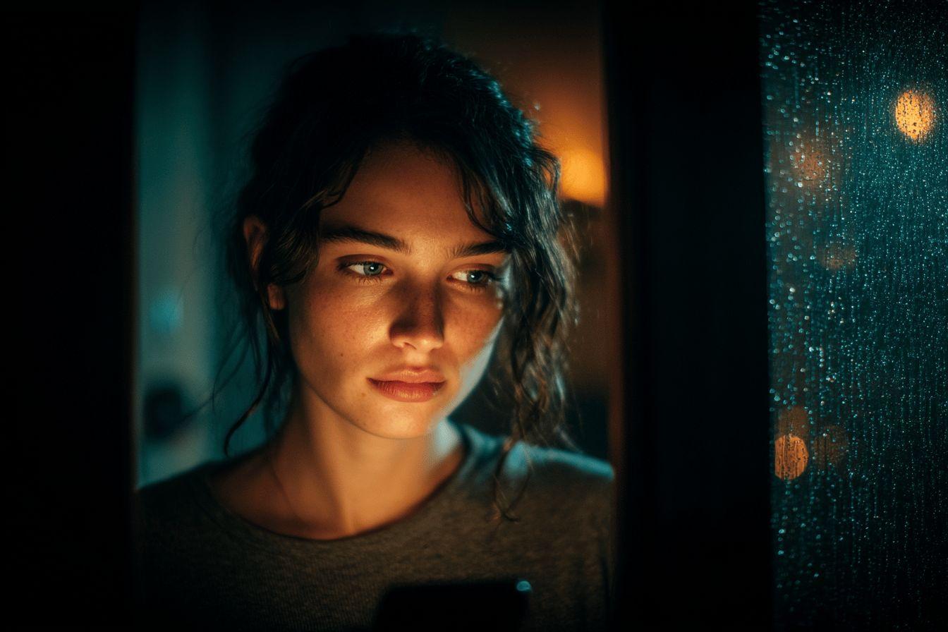 Femme pensive près d'une fenêtre aux reflets lumineux