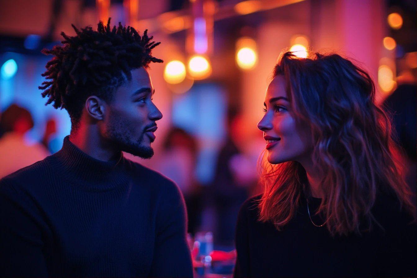 Deux individus discutant dans un environnement color&eacute; et lumineux