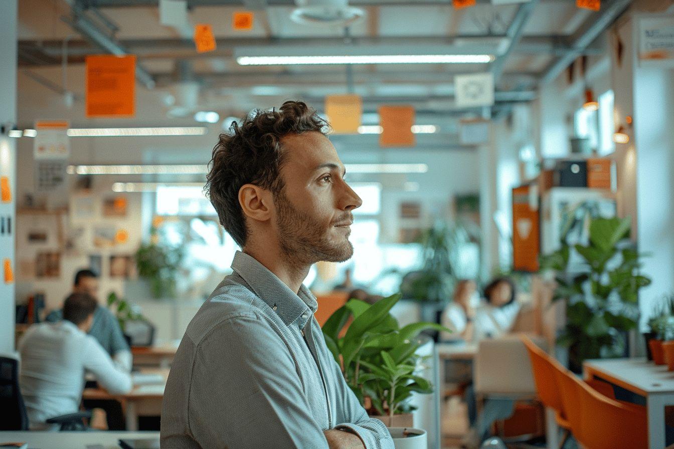 Un homme barbu contemple pensivement dans un bureau moderne