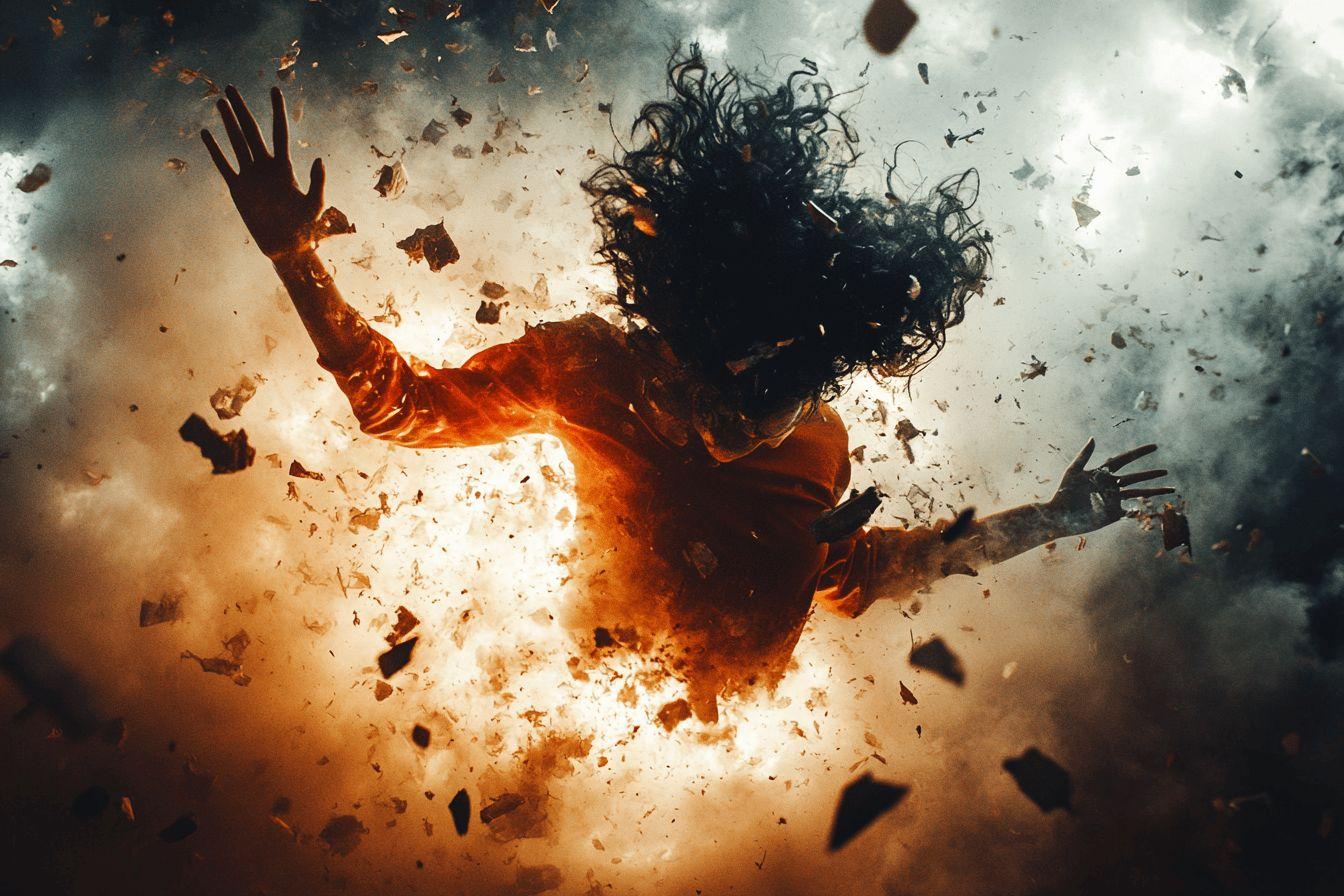 Silhouette en feu entourée de débris dans une déflagration