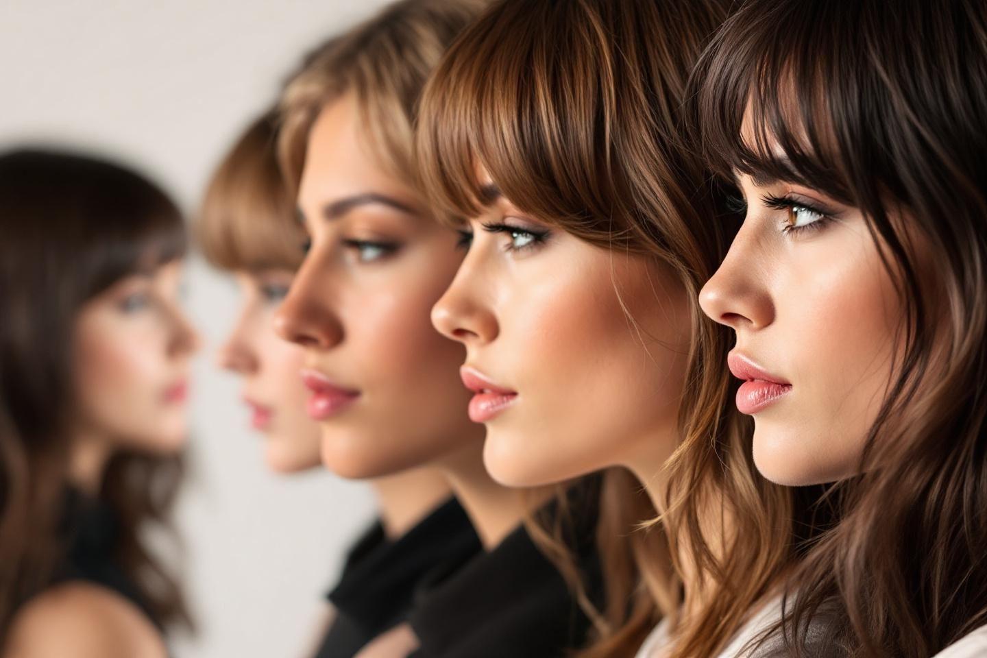 Cinq femmes c&ocirc;te &agrave; c&ocirc;te, visages de profil, regard concentr&eacute;