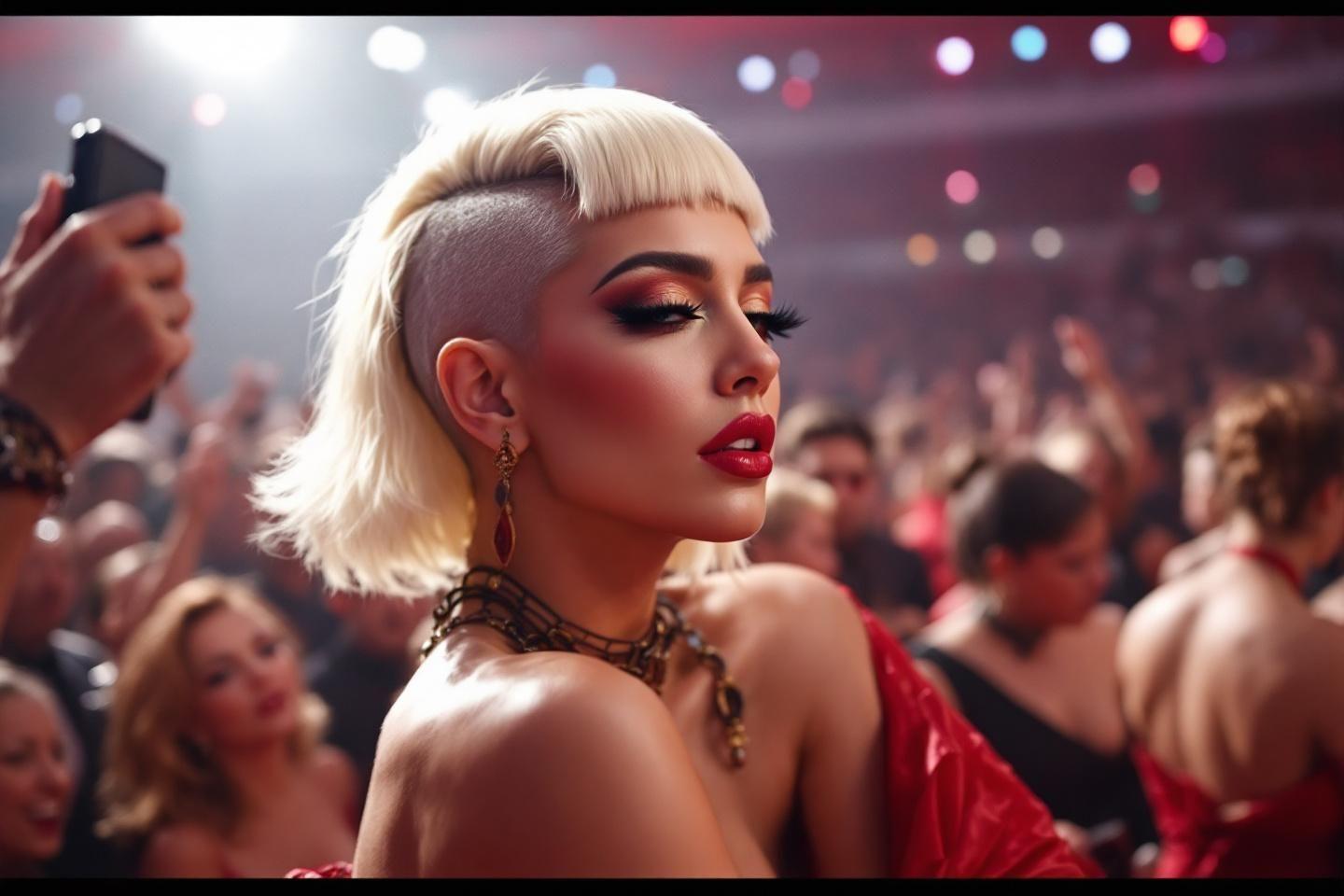 Femme blonde coiffure moderne, maquillage rouge, sc&egrave;ne festive