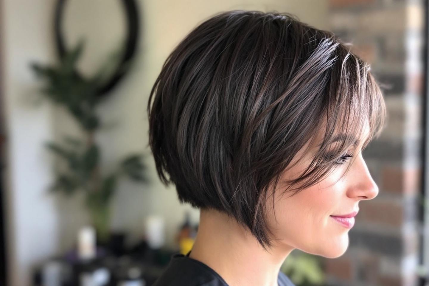 Coiffure carr&eacute; plongeant moderne avec frange sur cheveux sombres