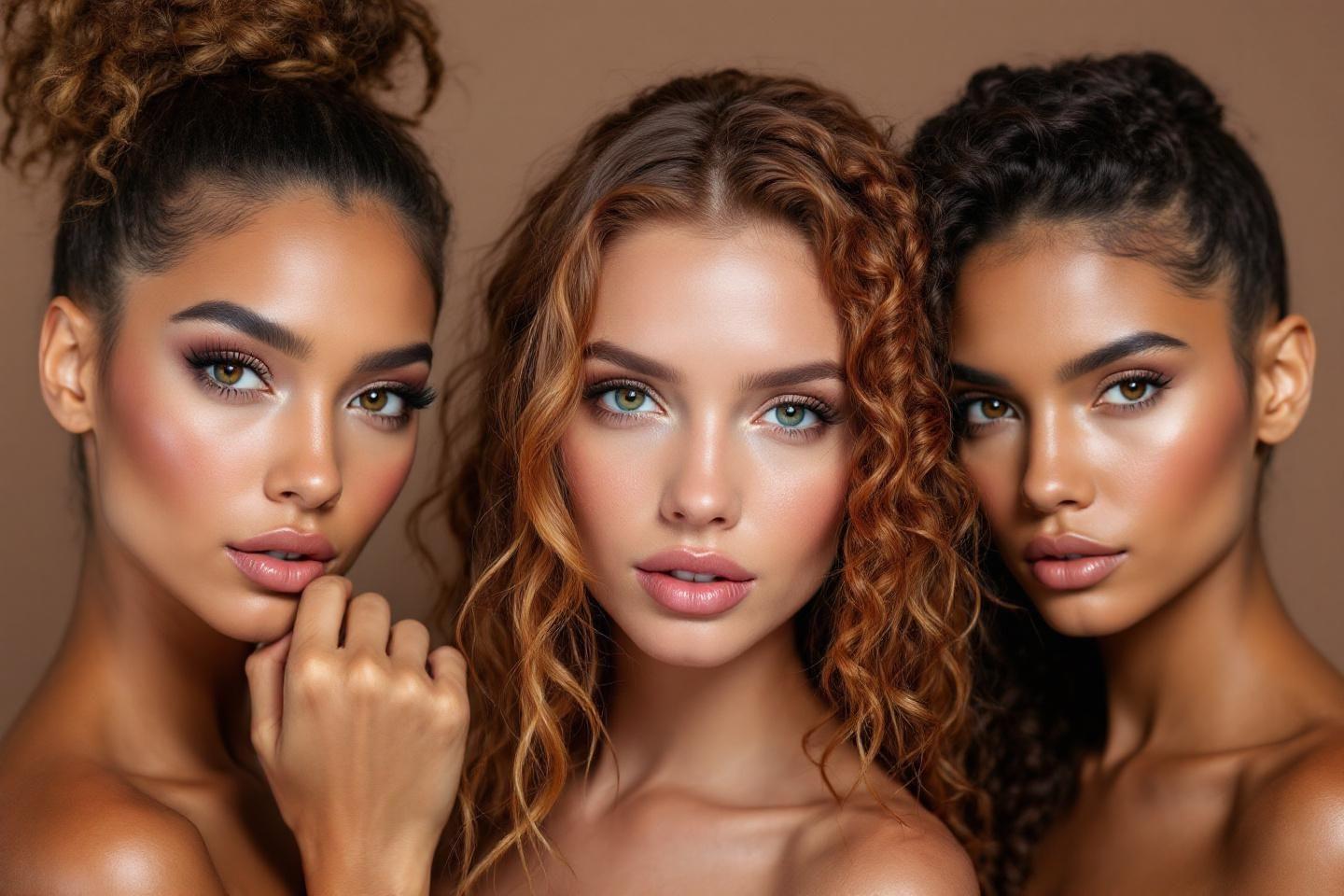 Trois femmes avec maquillage &eacute;l&eacute;gant et coiffures diff&eacute;rentes