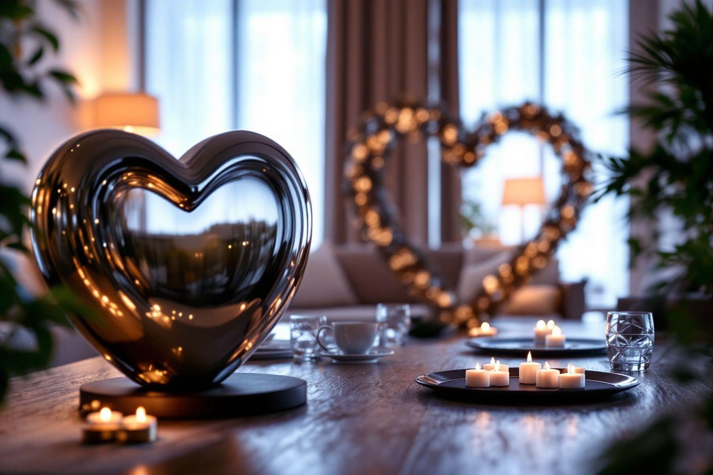 Un c&oelig;ur en verre r&eacute;fl&eacute;chissant pos&eacute; sur une table avec des bougies allum&eacute;es.