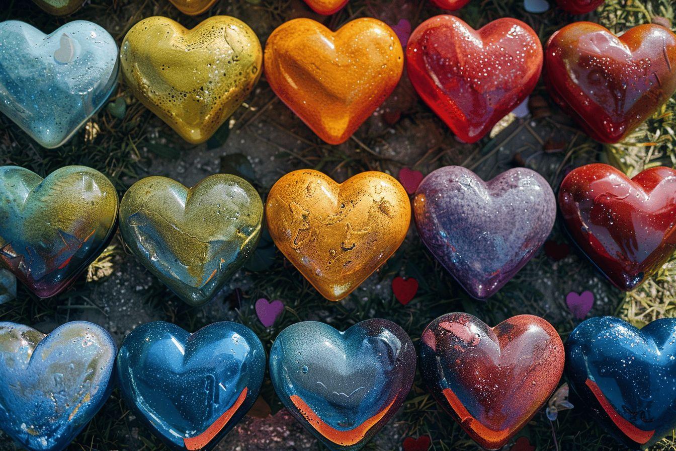Une vari&eacute;t&eacute; de c&oelig;urs en verre color&eacute;s et brillants dispos&eacute;s sur le sol.