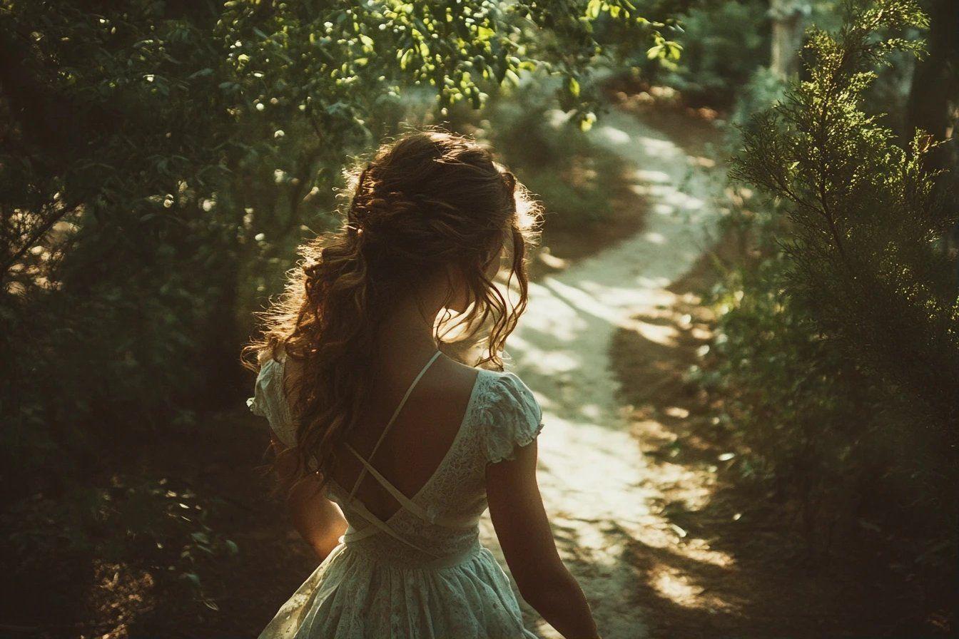 Femme en robe blanche marchant sur un sentier bois&eacute;