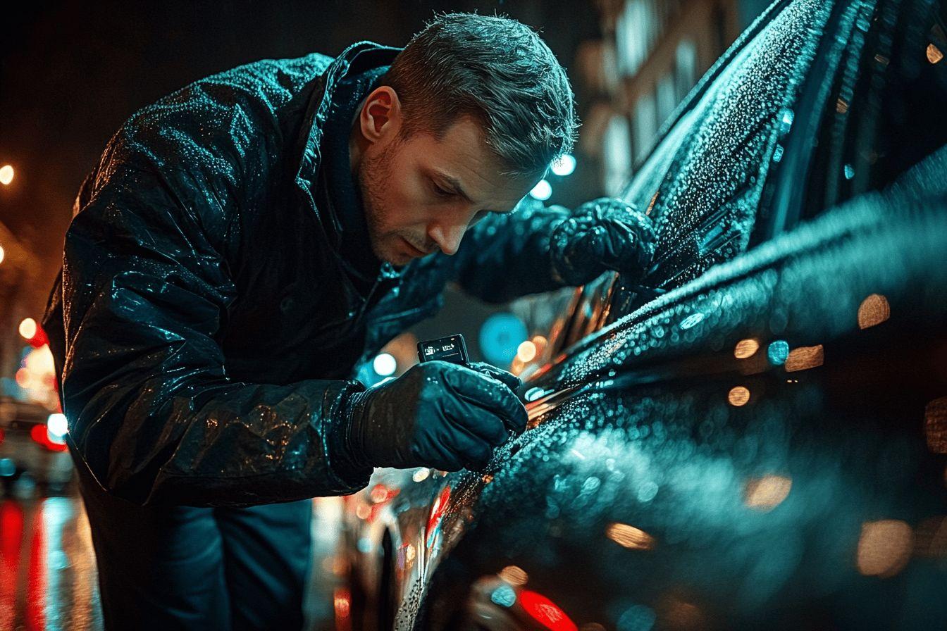 Homme en veste sombre réparant une voiture sous la pluie