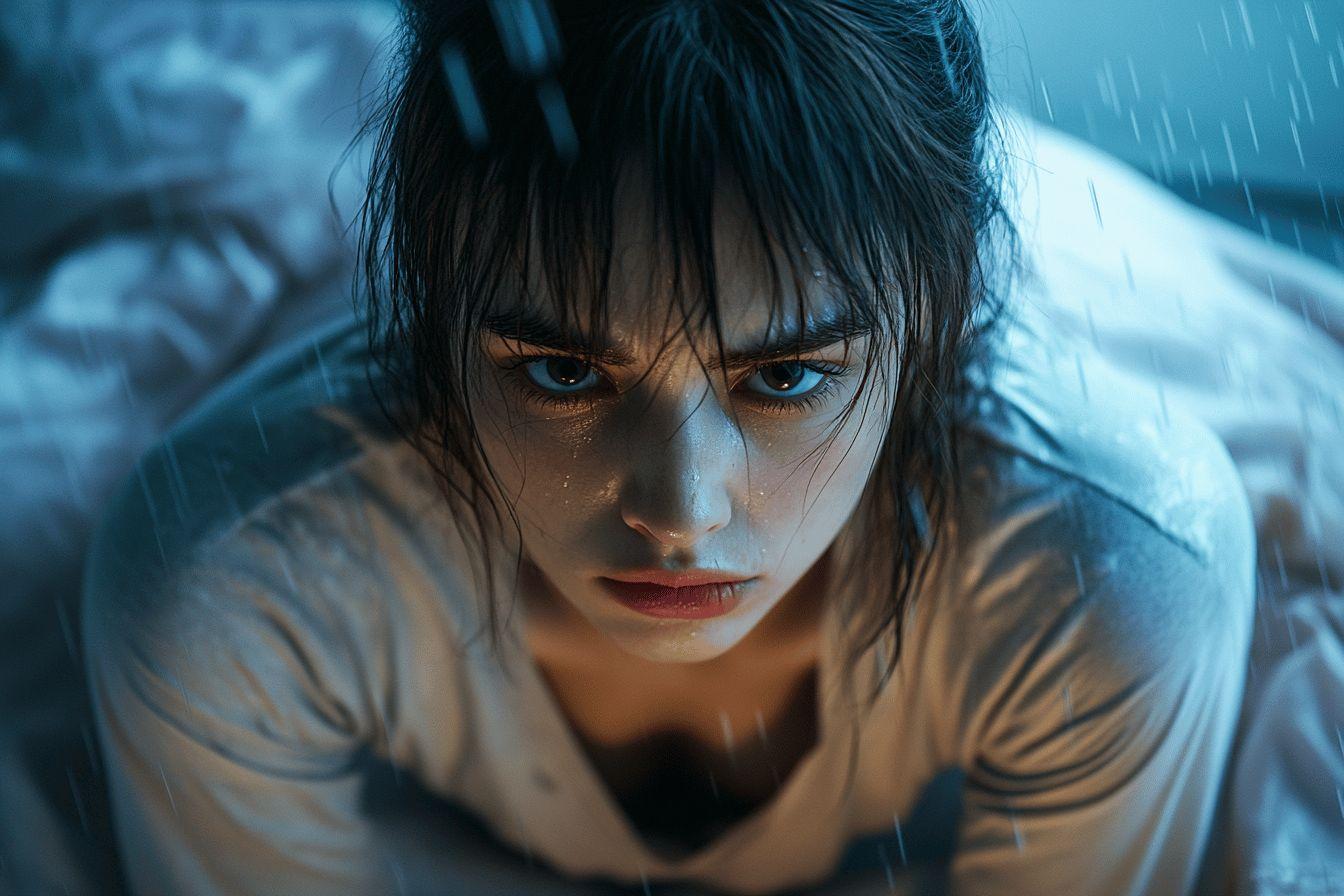 Visage mélancolique d'une personne mouillée, regard intense