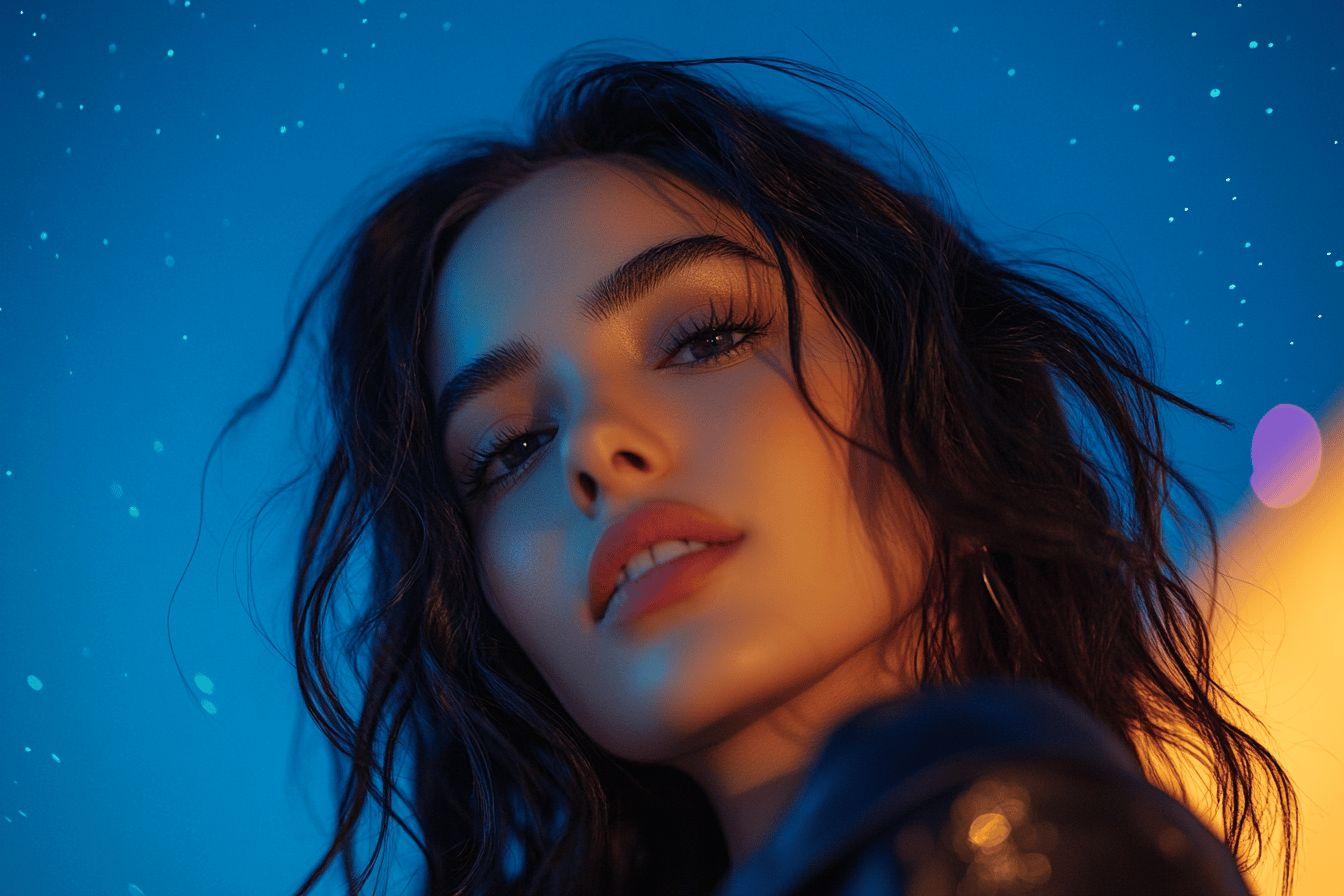 Portrait d'une femme dans une atmosphère étoilée bleue et orange