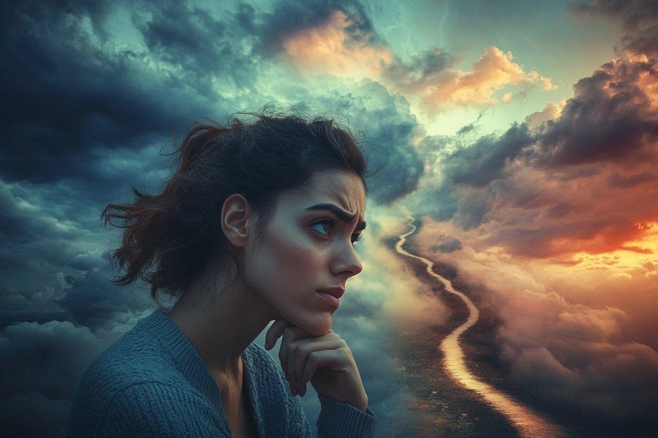 Femme pensive devant un ciel dramatique et sinueux
