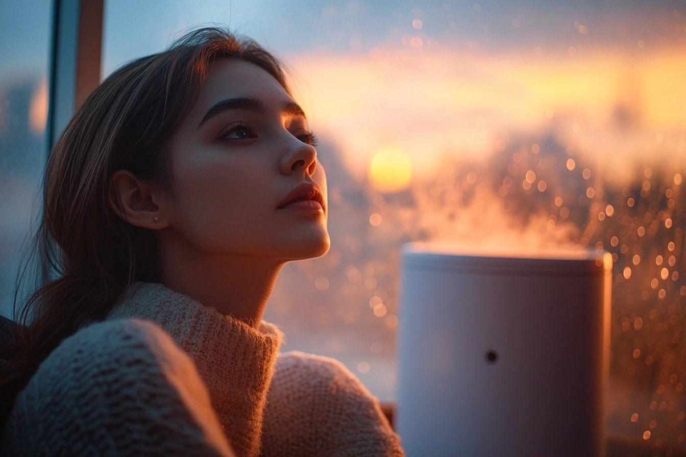 Jeune femme contemplant le coucher de soleil depuis la fen&ecirc;tre