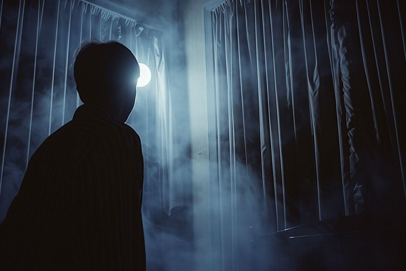 Silhouette sombre dans une pièce embrumée et mystérieuse.