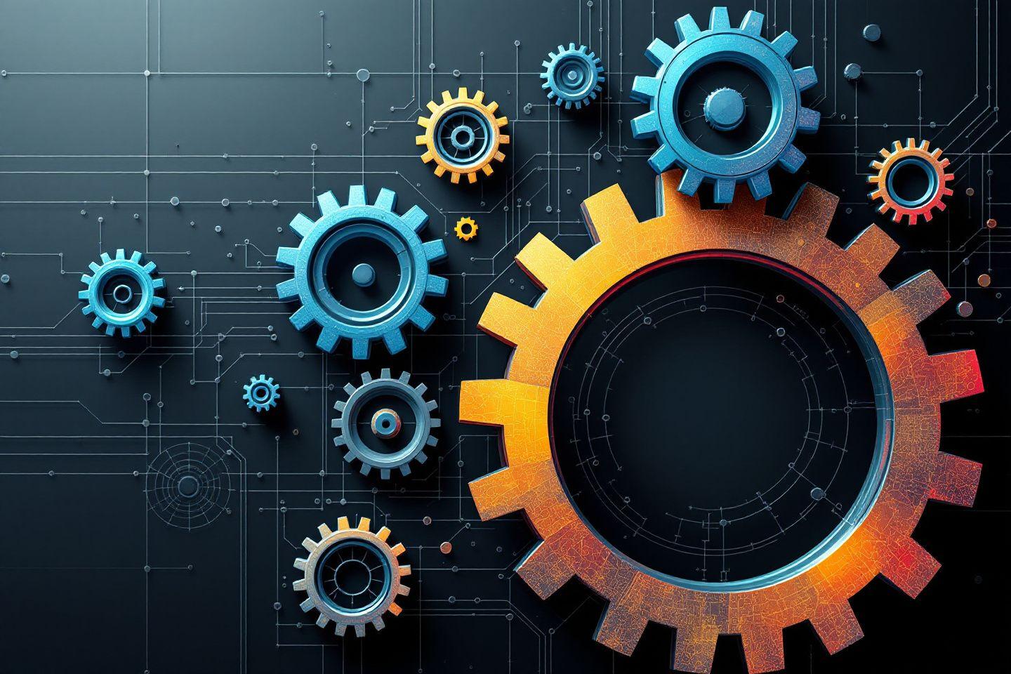 Illustration de rouages et de circuits &eacute;lectroniques dans des tons bleus et oranges