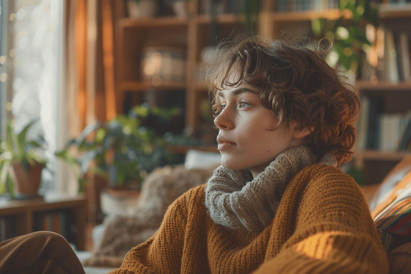 Jeune femme pensive en pull tricot&eacute; dans une pi&egrave;ce chaleureuse