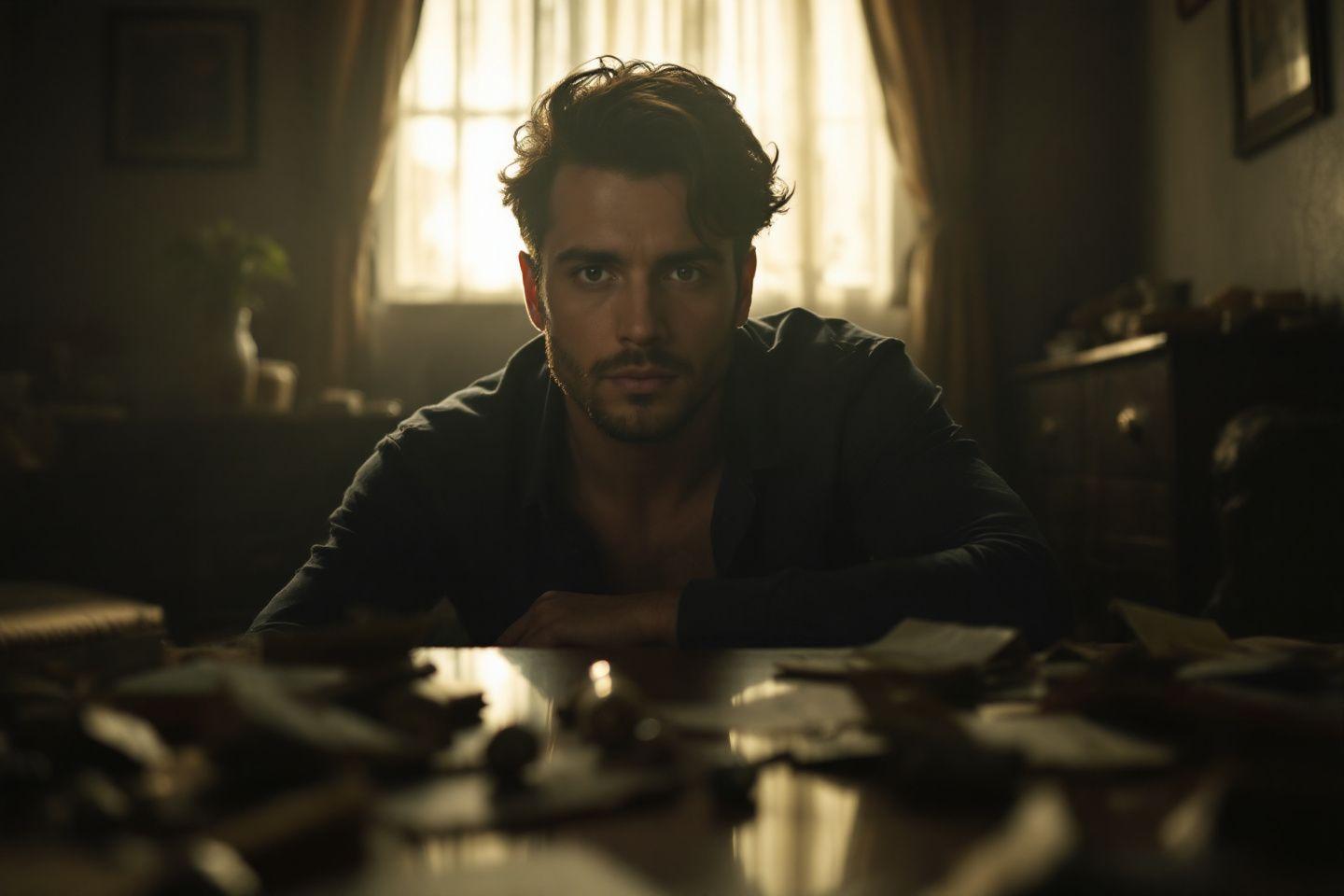 Un homme aux cheveux bouclés assis pensif dans un bureau sombre