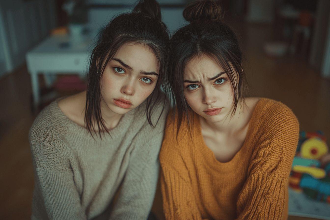 Deux jeunes femmes en pulls, regards tristes et fatigués