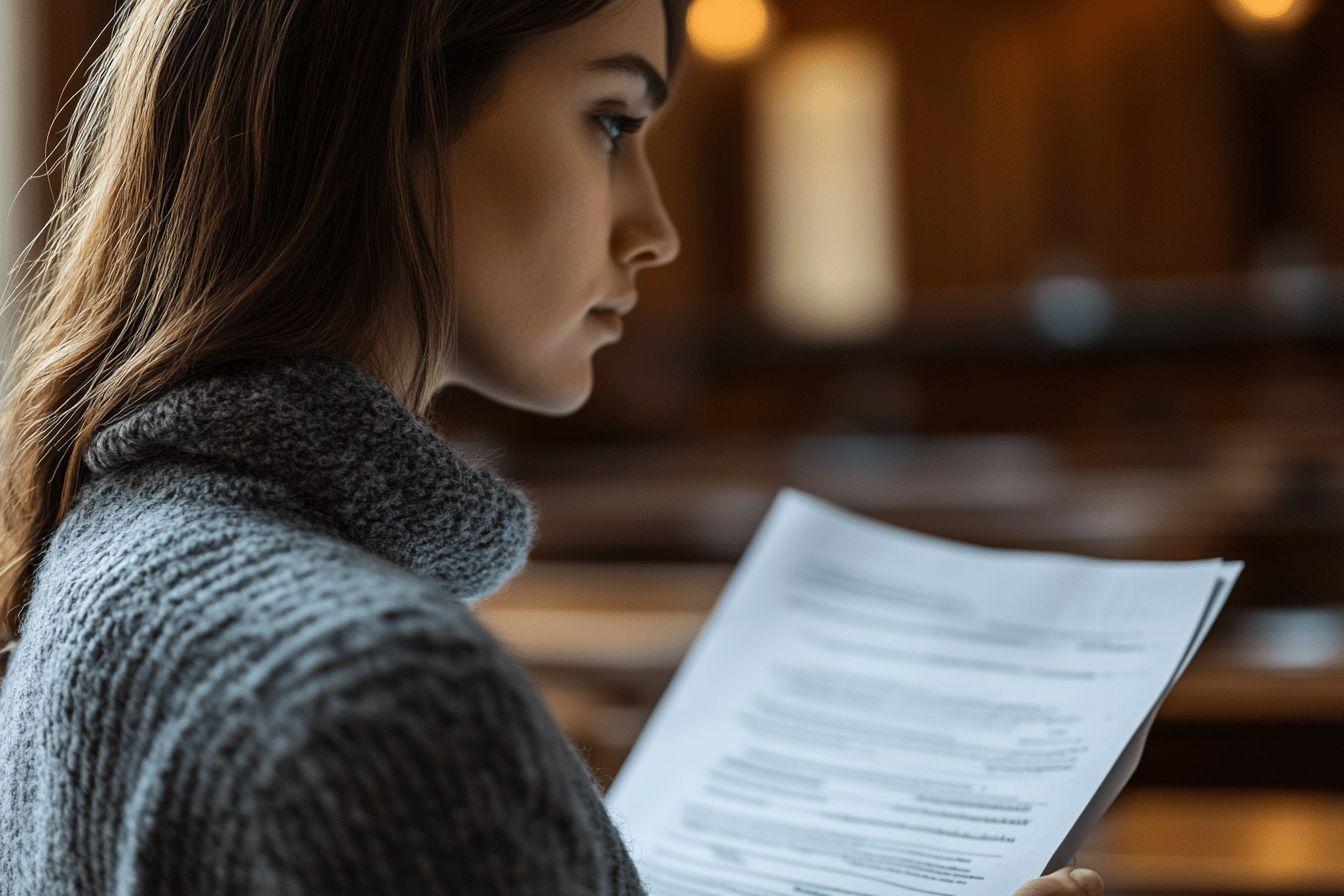 Jeune femme concentrée lisant un document dans un lieu chaleureux