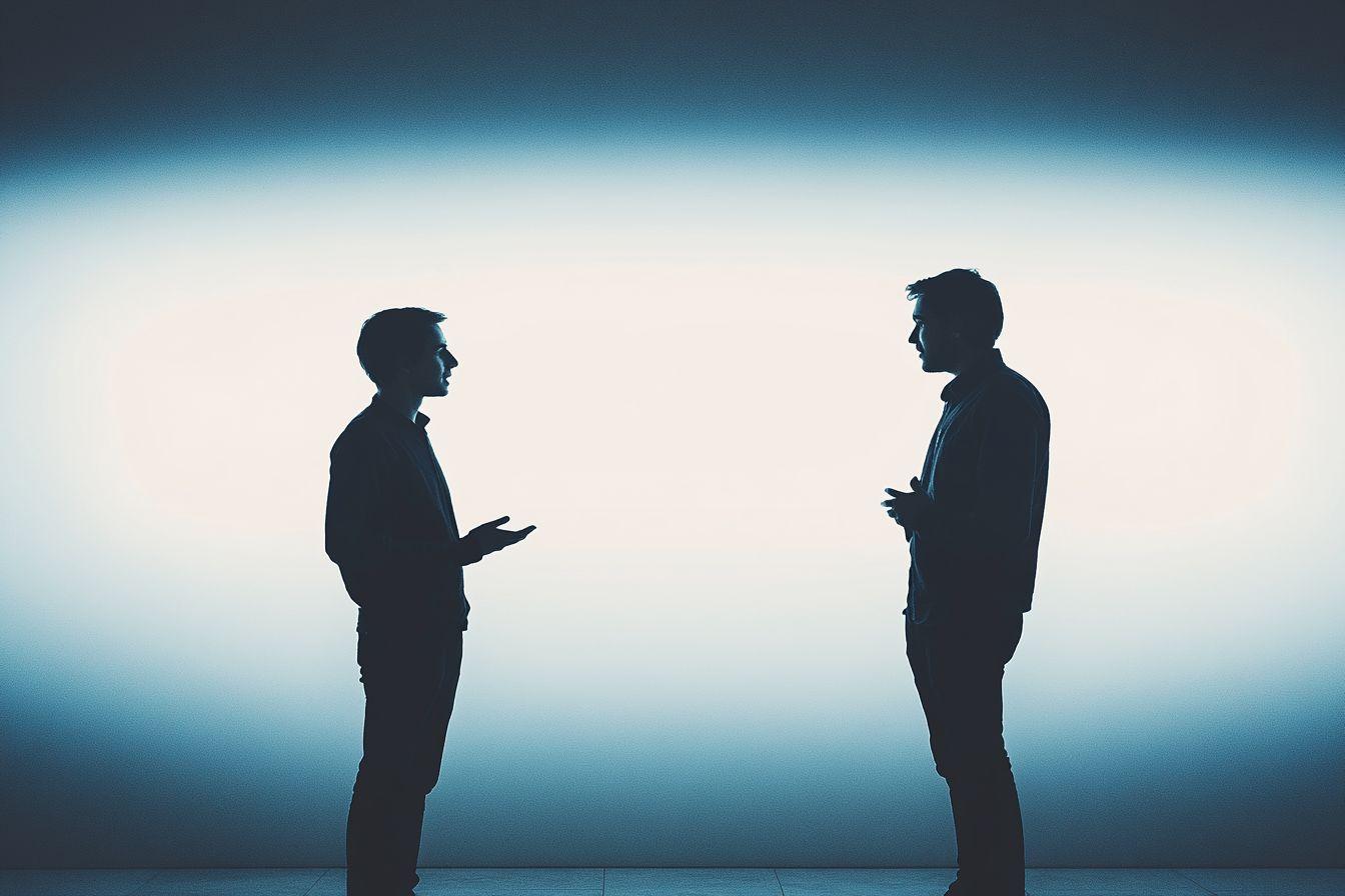 Deux silhouettes dialoguant dans un espace bleuté et lumineux