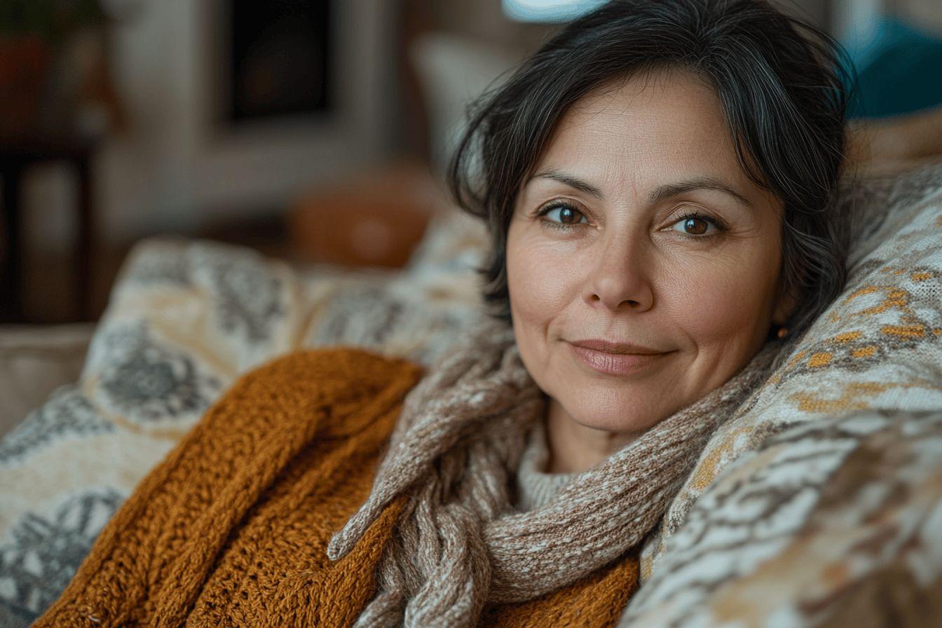 Femme à la peau brune portant un châle en laine orange