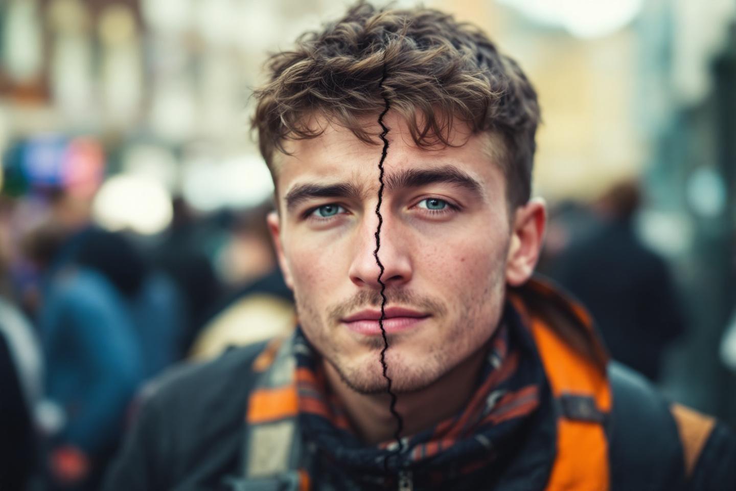 Portrait d'un jeune homme au visage fendu symbolisant la dualité