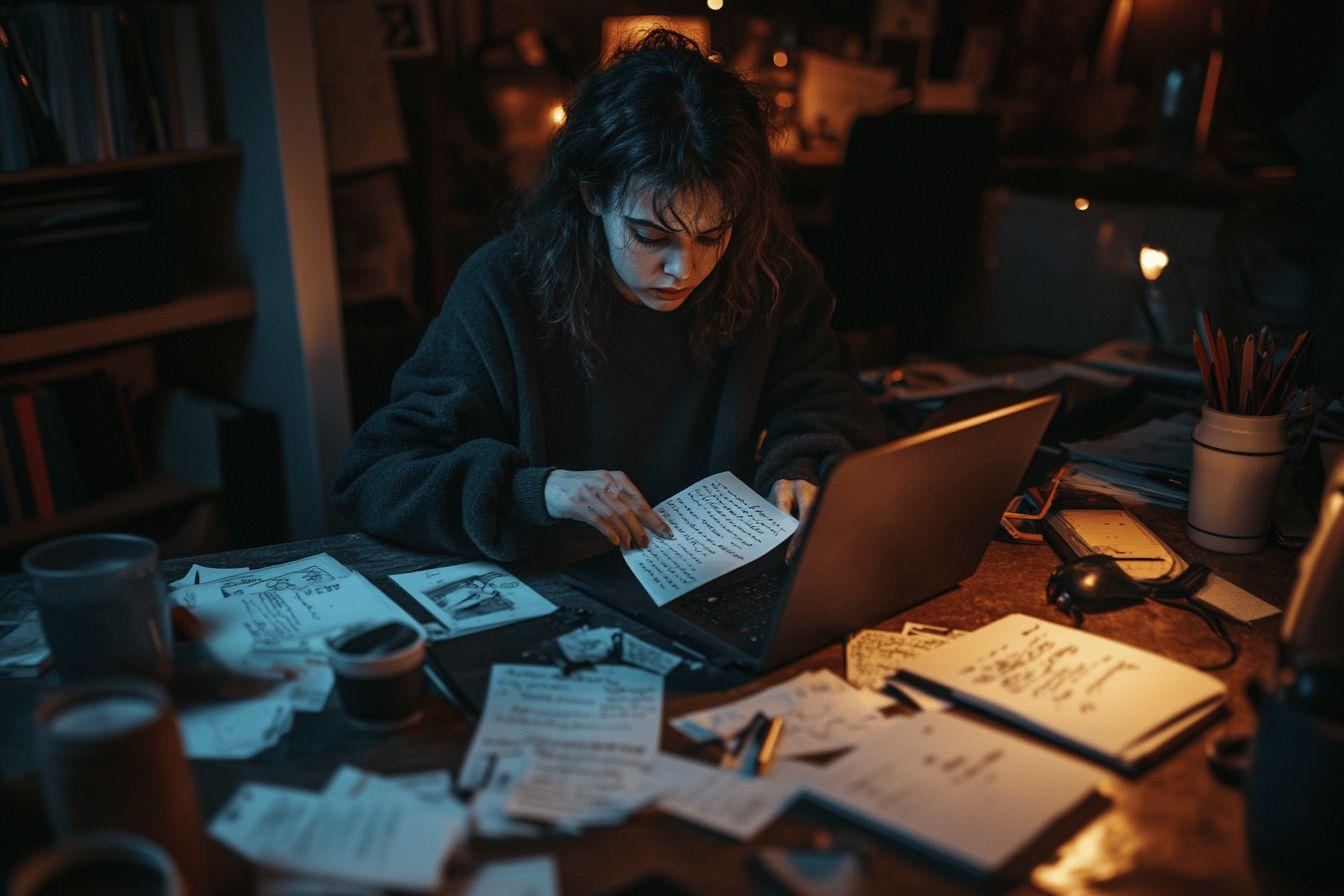 Jeune personne concentrée travaillant tard dans un environnement sombre