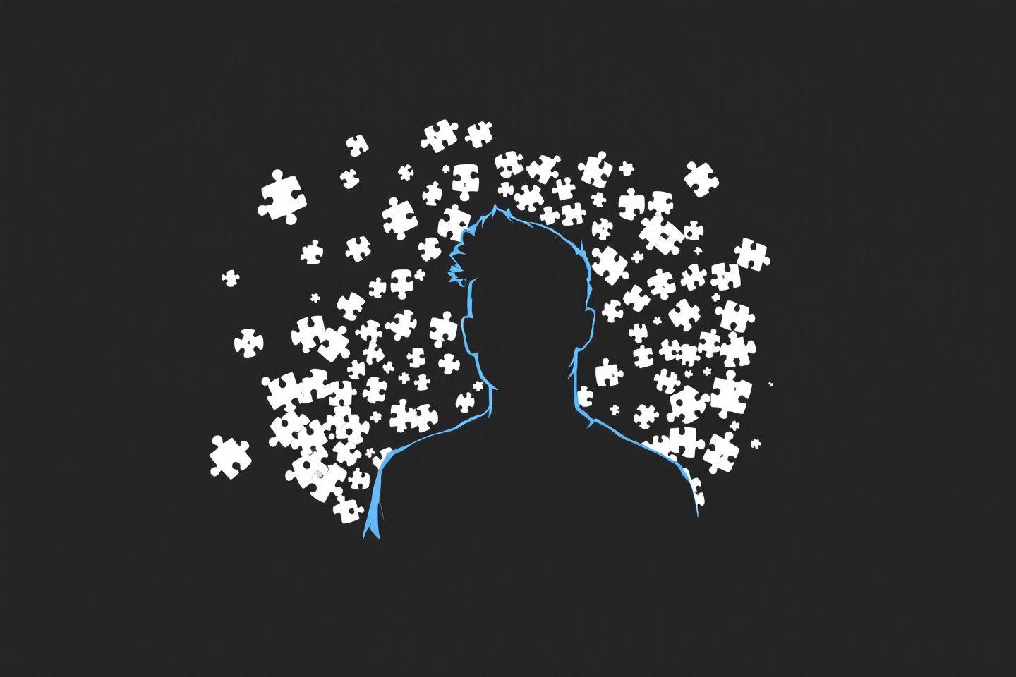 Une silhouette d'homme composée de pièces de puzzle blanches sur fond noir