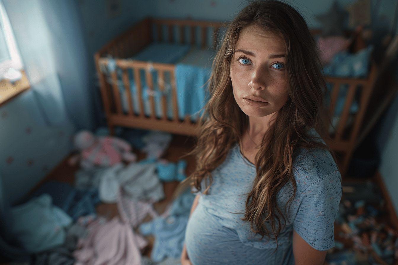 Jeune femme aux cheveux longs regardant pensivement dans une chambre d'enfant