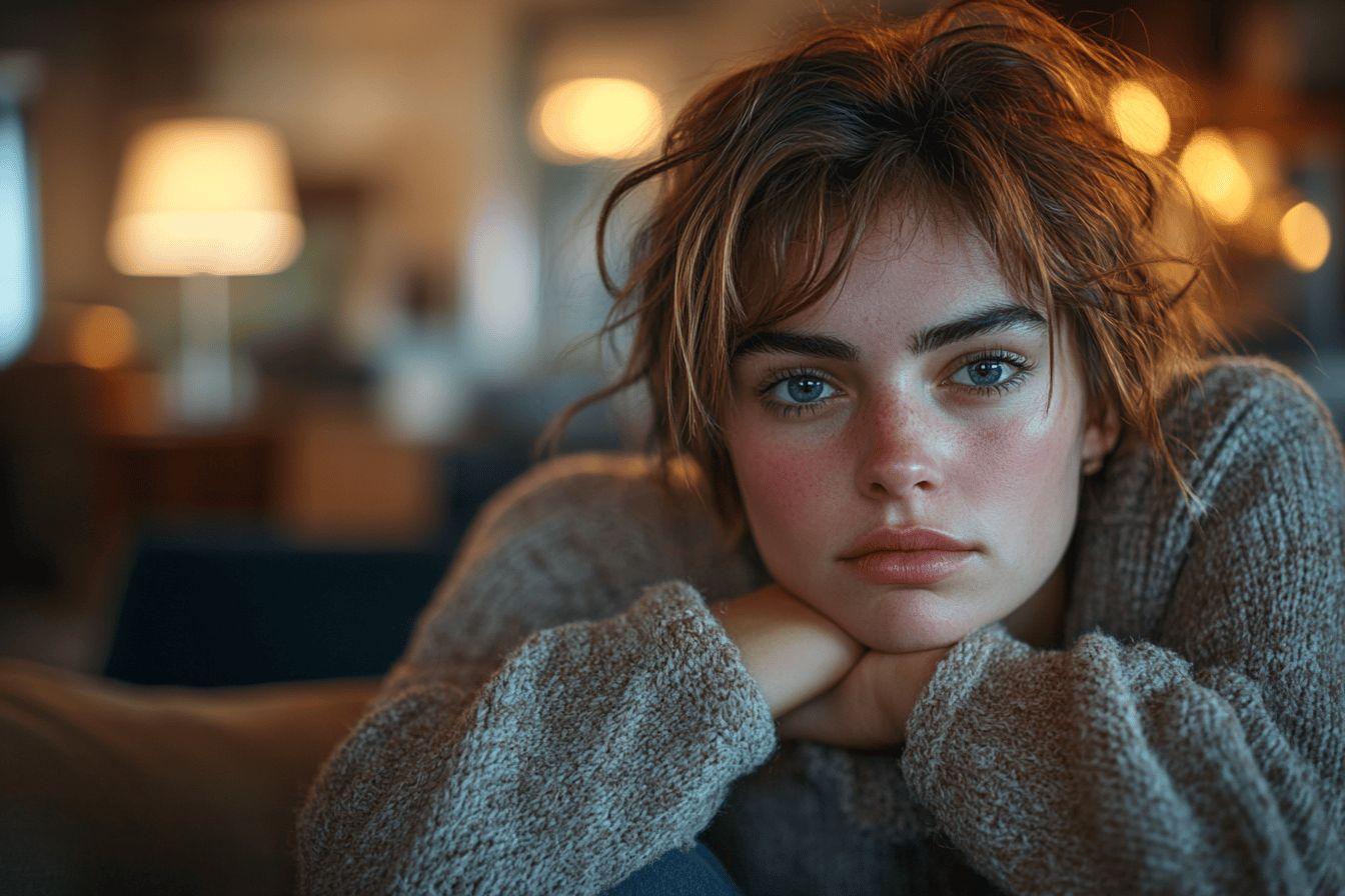 Jeune femme pensive dans un pull gris, lumière douce