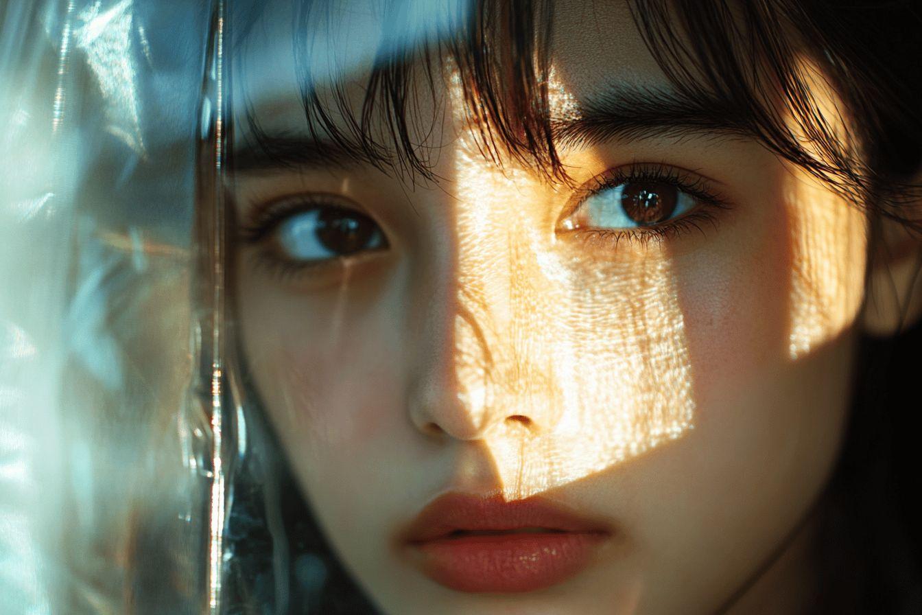 Visage avec ombres lumineuses et reflets sur surface vitrée