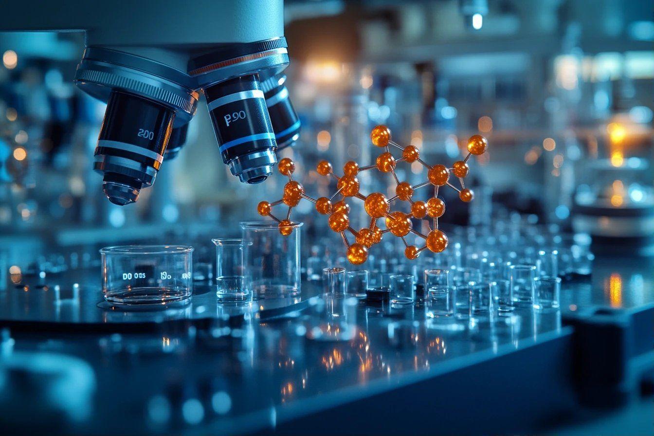 Objectifs de microscope pr&egrave;s de mod&egrave;le mol&eacute;culaire orang&eacute;