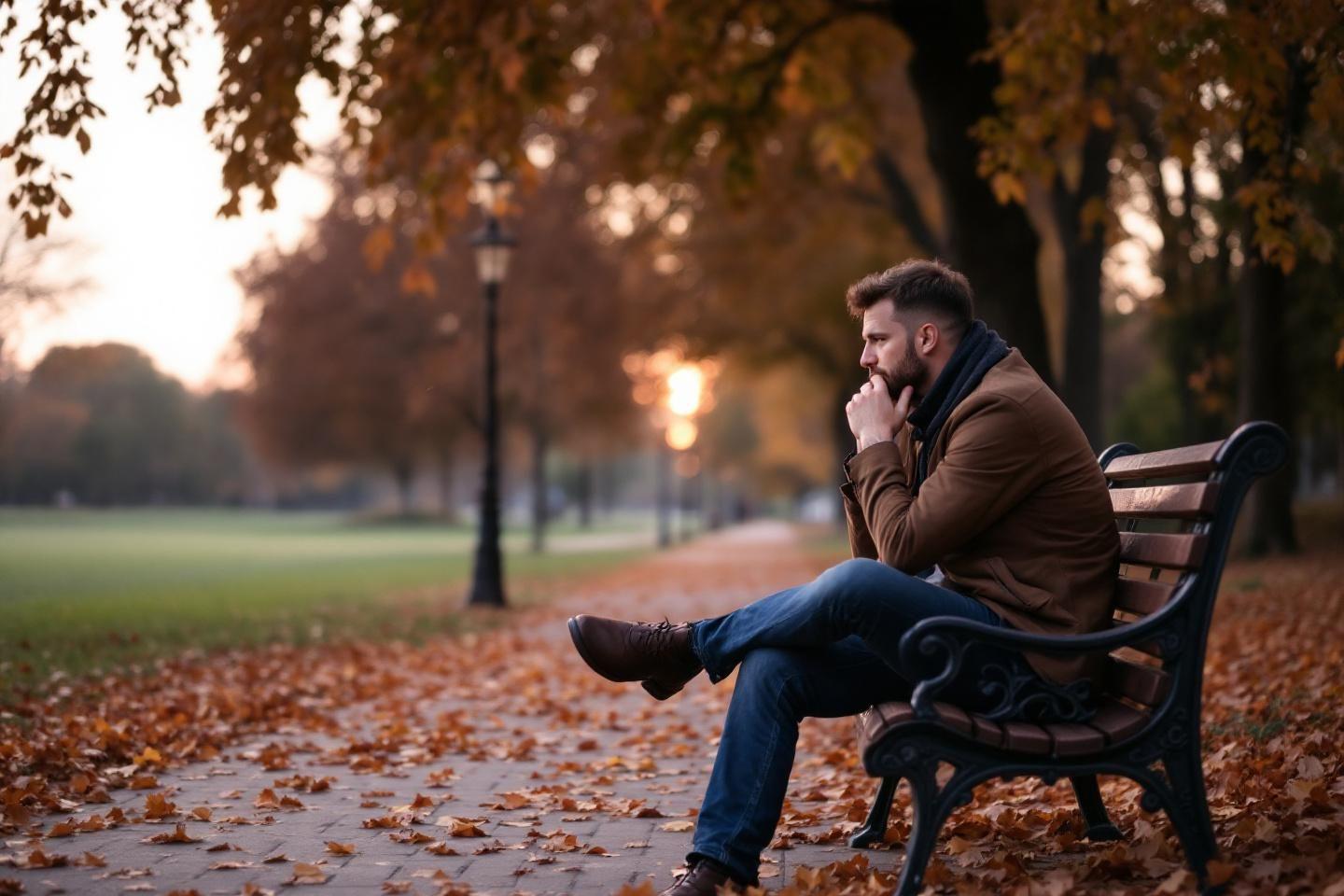 Homme pensif assis sur un banc en automne