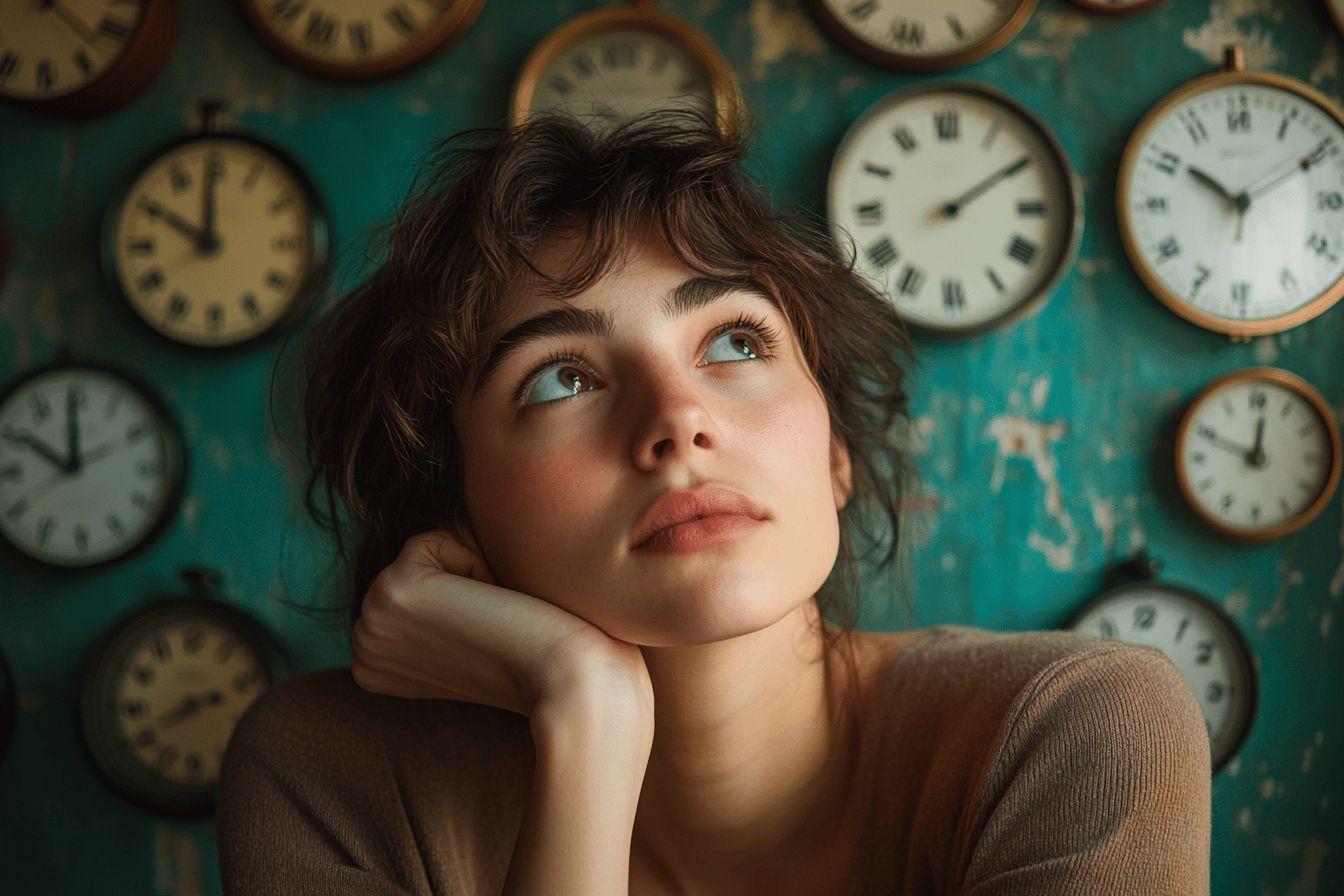 Jeune femme pensive entourée de nombreuses horloges vintage