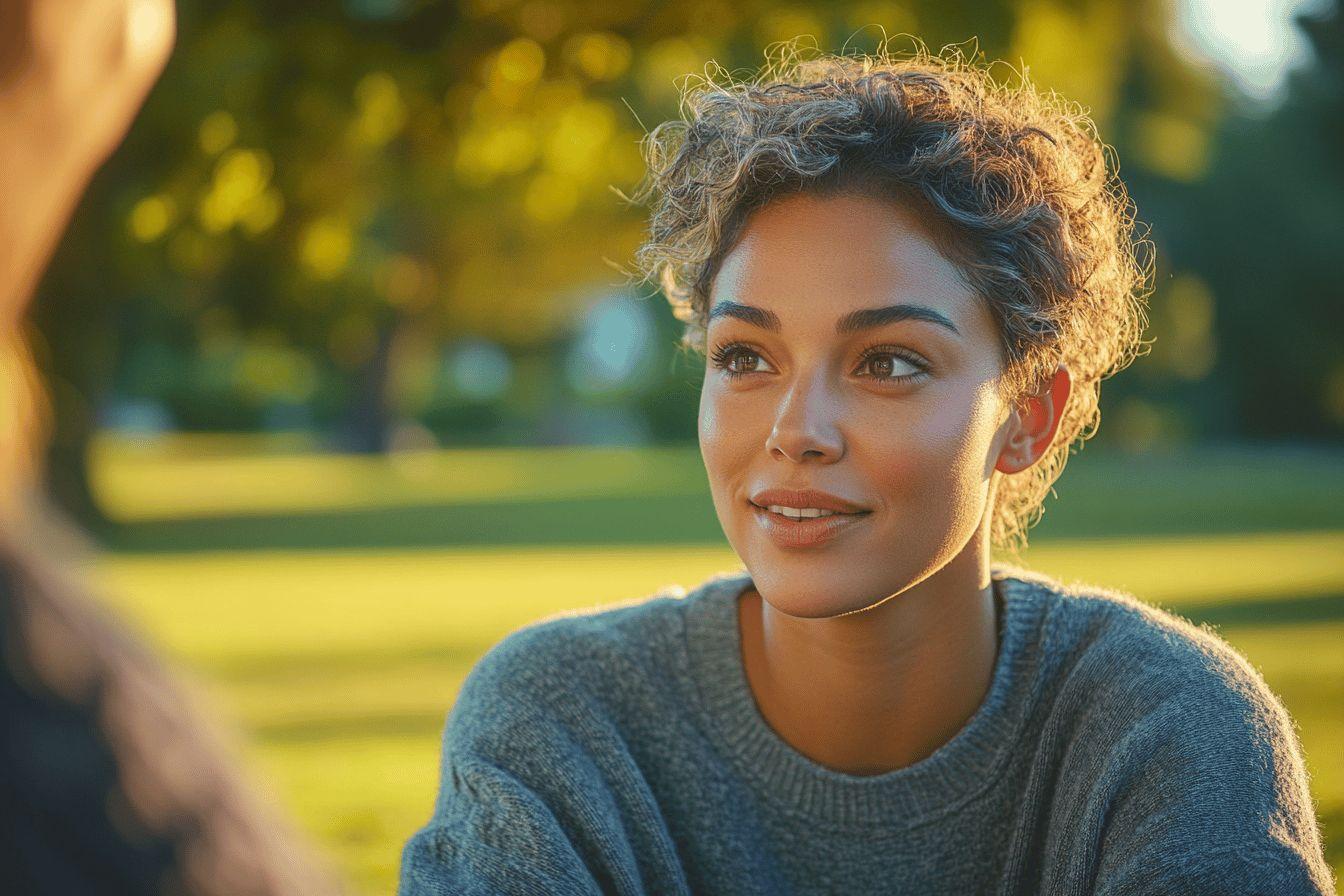 Femme souriante aux cheveux bouclés dans un pull gris