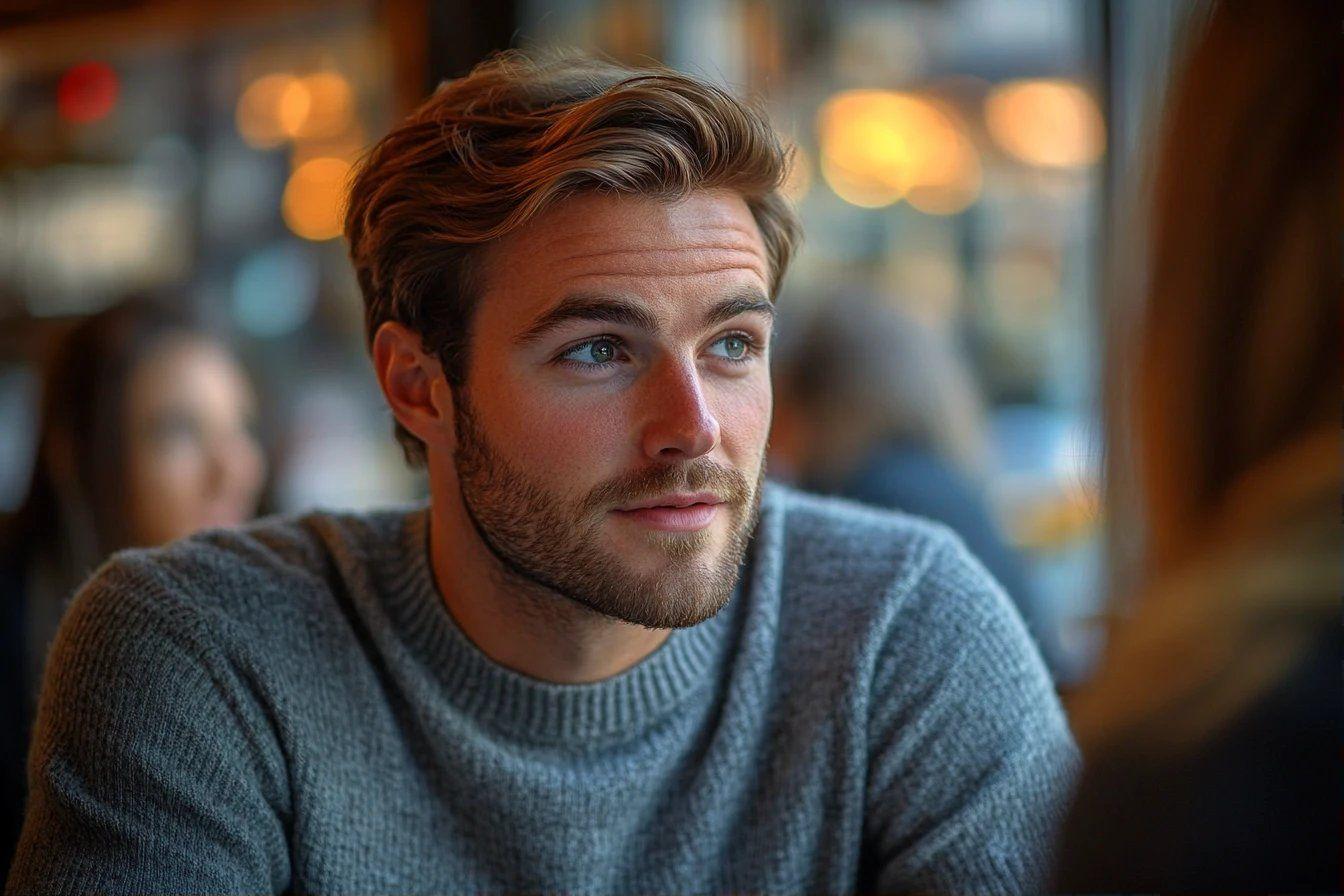 Portrait d'un homme portant un pull gris dans un caf&eacute;