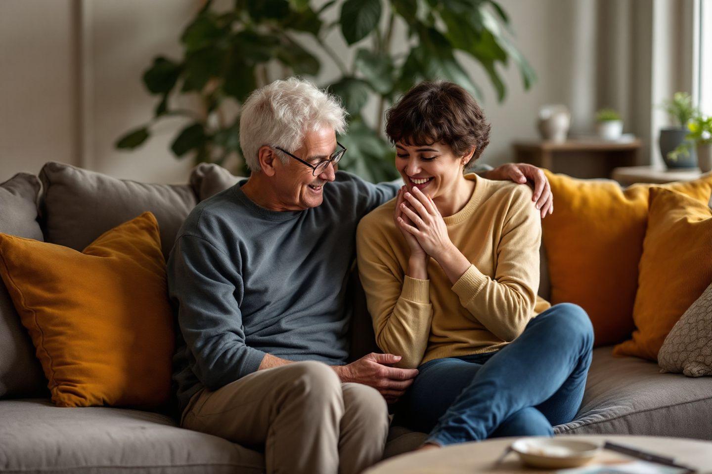 Un homme et une femme &acirc;g&eacute;s assis sur un canap&eacute;, souriant et parlant ensemble.