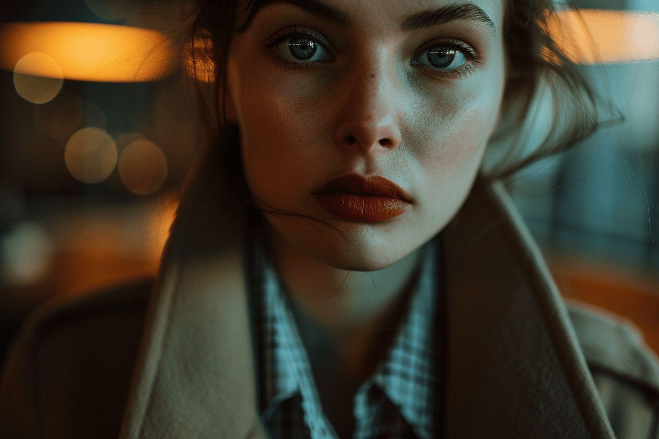 Gros plan sur le visage d'une femme au regard pensif et m&eacute;lancolique